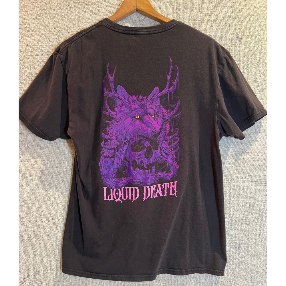 Liquid Death Wolf Skull Graphic T-Shirt Black Purple Mens Large L Short Sleeve